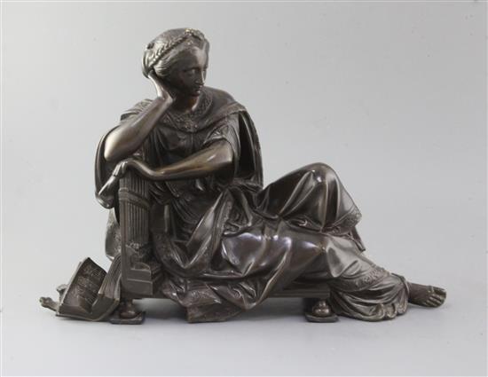 Albert-Ernest Carrier-Belleuse (1824-1887). A bronze reclining figure of St Cecilia, height 11.5in.